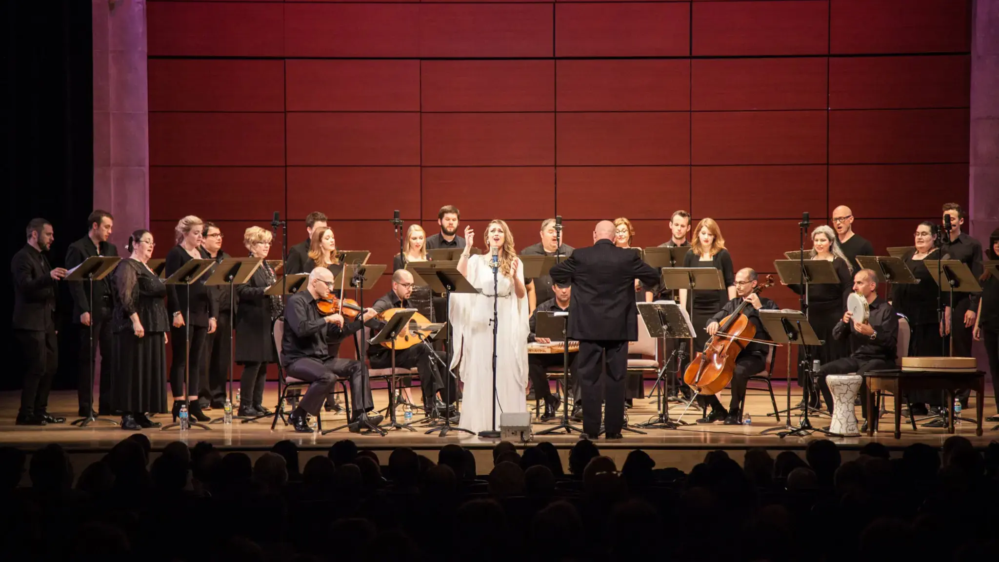 Al-Bustan Takht Ensemble in concert with The Crossing choir and soloist Dalal Abu Amneh, 2015. Photo by Chip Colson.