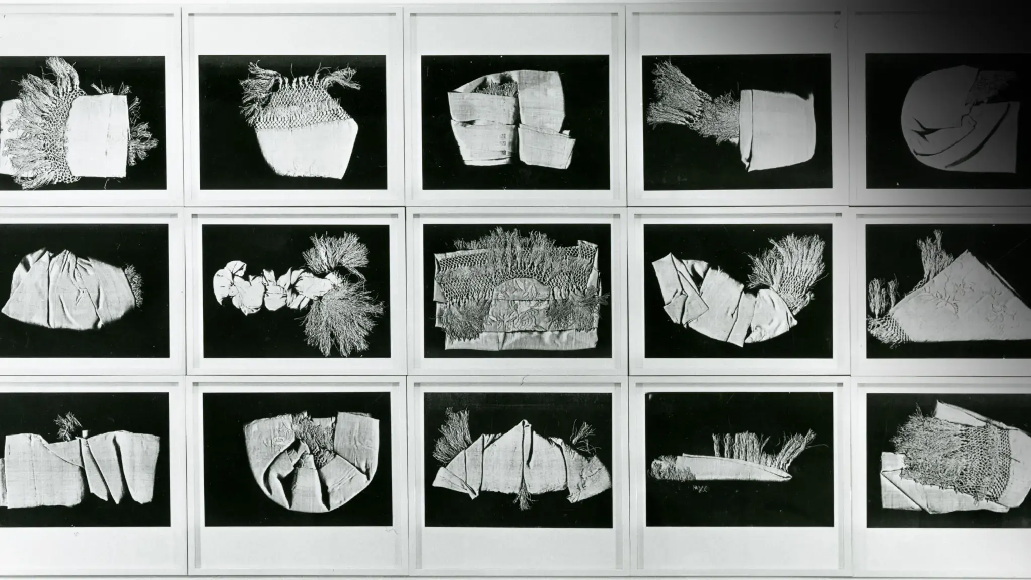 Pati Hill, Understanding Your Chinese Scarf, 1983, 15 black &amp; white copier prints, original mats, entire grid: 48&rdquo; x 98&rdquo;, each print: 11 ⅛&rdquo; x 15 &frac34;&rdquo;. Courtesy of the Estate of Pati Hill.