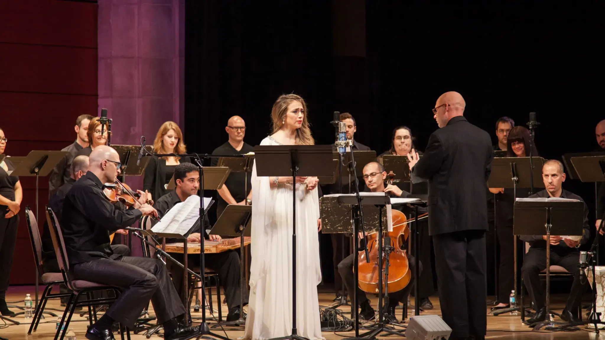 Al-Bustan Takht Ensemble in concert with The Crossing choir and soloist Dalal Abu Amneh, 2015. Photo by Chip Colson.