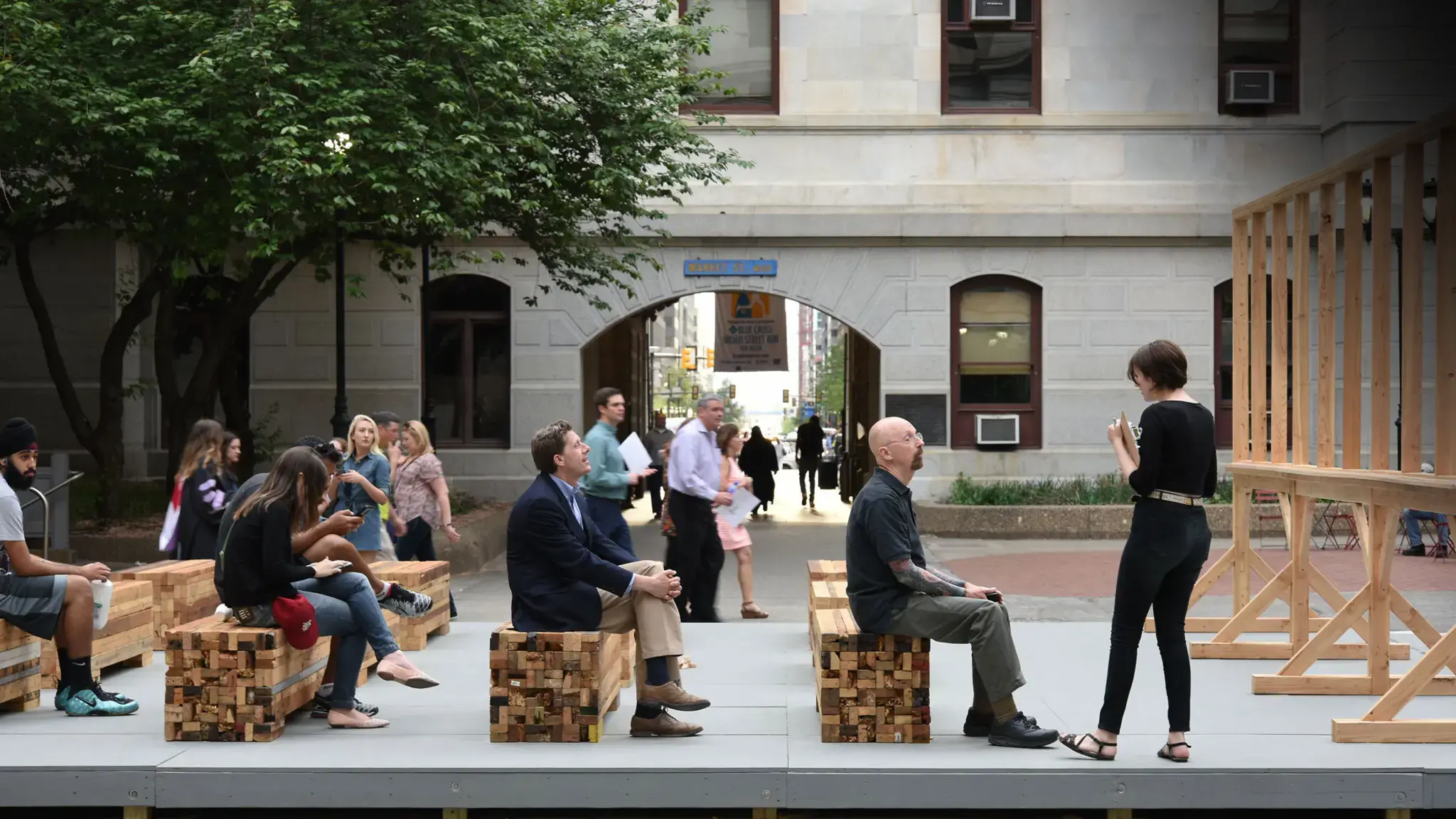 The crowd gathers at the late Terry Adkins&#39; temporary monument in City Hall Courtyard, on the opening day of Monument Lab. Photo by Lisa Boughter.