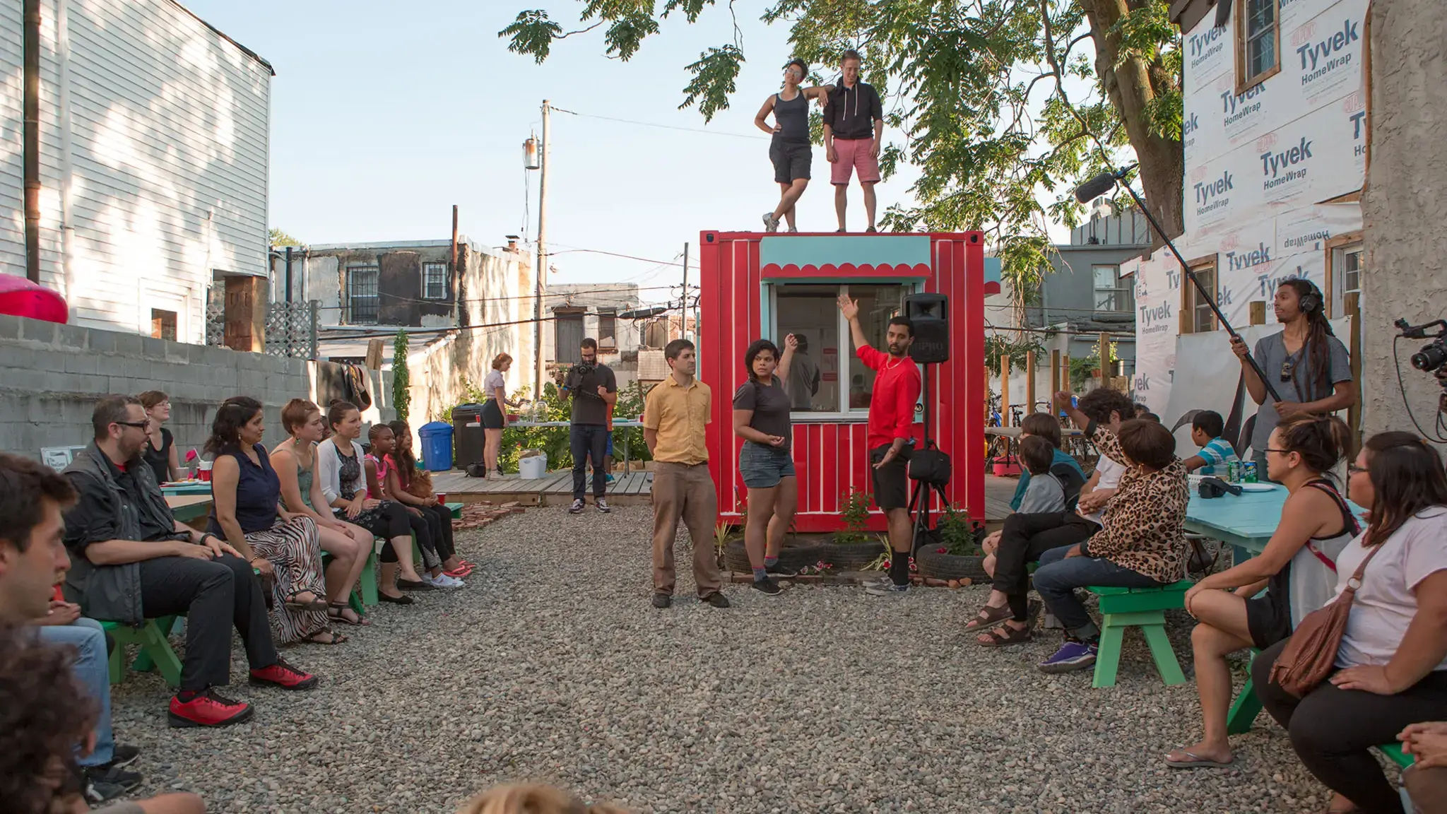 Playgrounds for Useful Knowledge&nbsp;Neighborhood Convening, June 29, 2015. 632 Jackson Street. Photo by Steve Weinik. Courtesy of the City of Philadelphia Mural Arts Program.