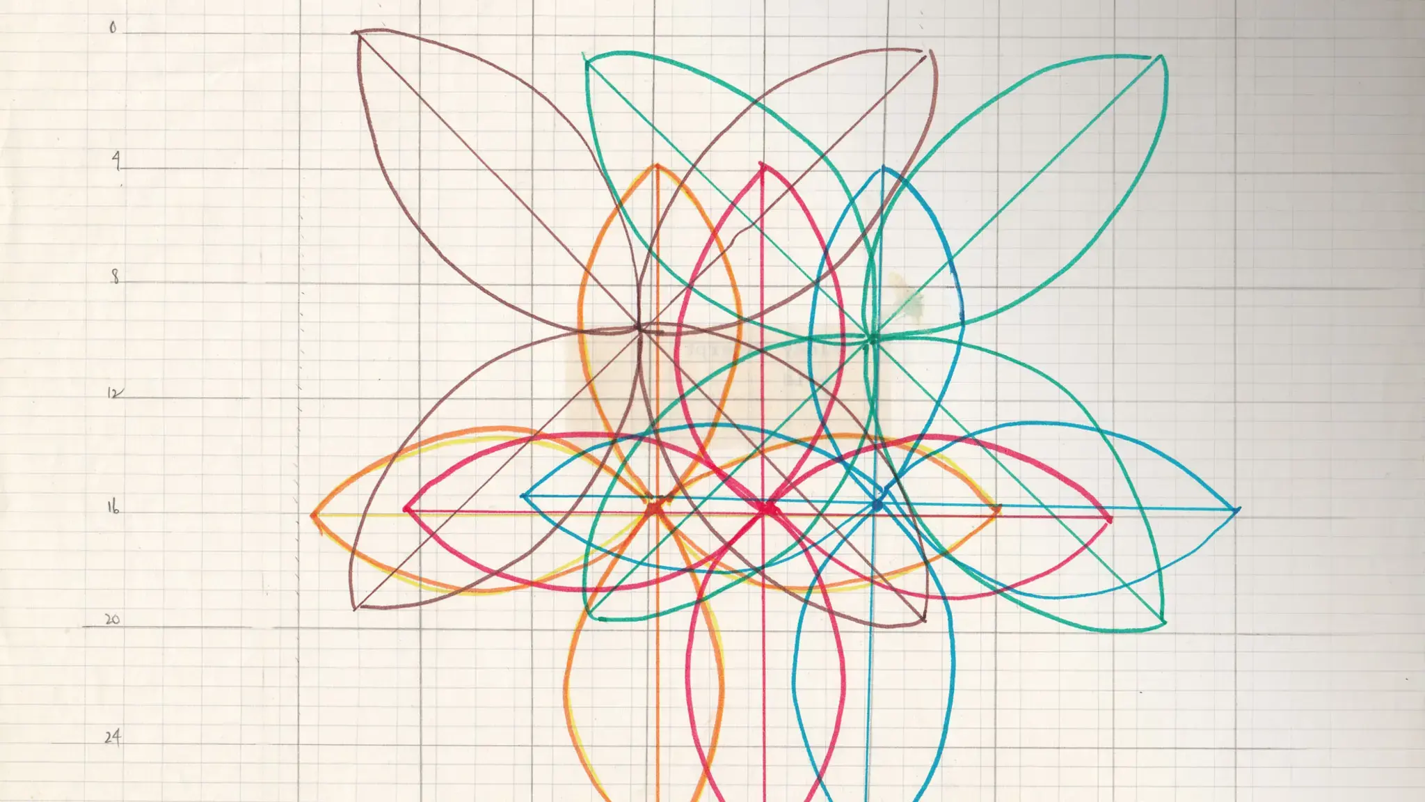 Score for Lucinda Childs&#39; Melody Excerpt. This score represented all the possible pathways that each dancer may traverse during the course of performing Melody Excerpt, along with stage measurements in feet. In this version the dimensions are 32 by 28 feet. Each dancer is represented by a discrete color. In her archive Childs refers to this as a &ldquo;grid.&rdquo; Courtesy of Lucinda Childs.