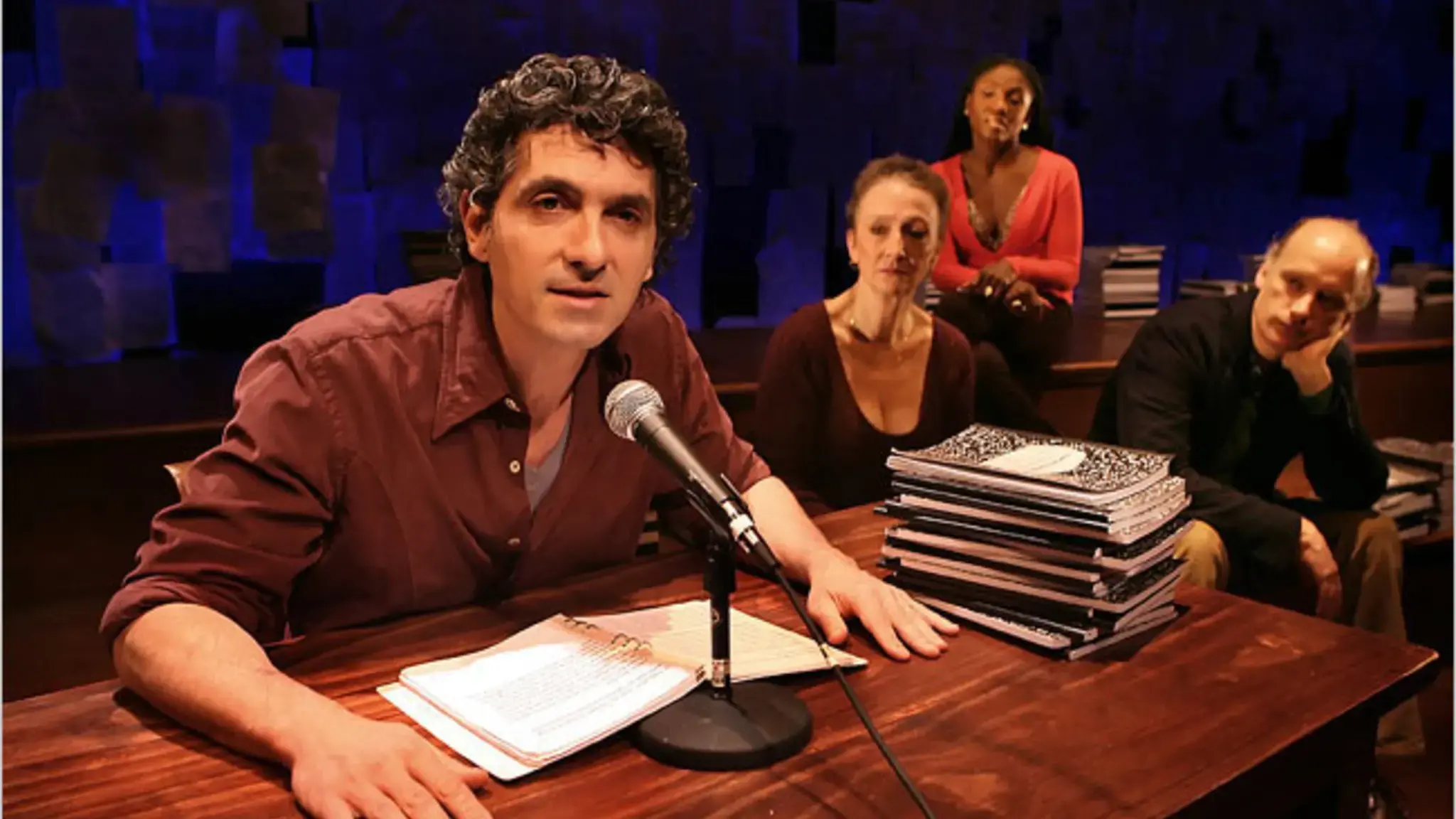 Ain Gordon, Kathleen Chalfant, Hazelle Goodman, and Frank Wood in Spalding Gray: Stories Left to Tell. Photo by Sara Krulwich, courtesy of the New York Times.