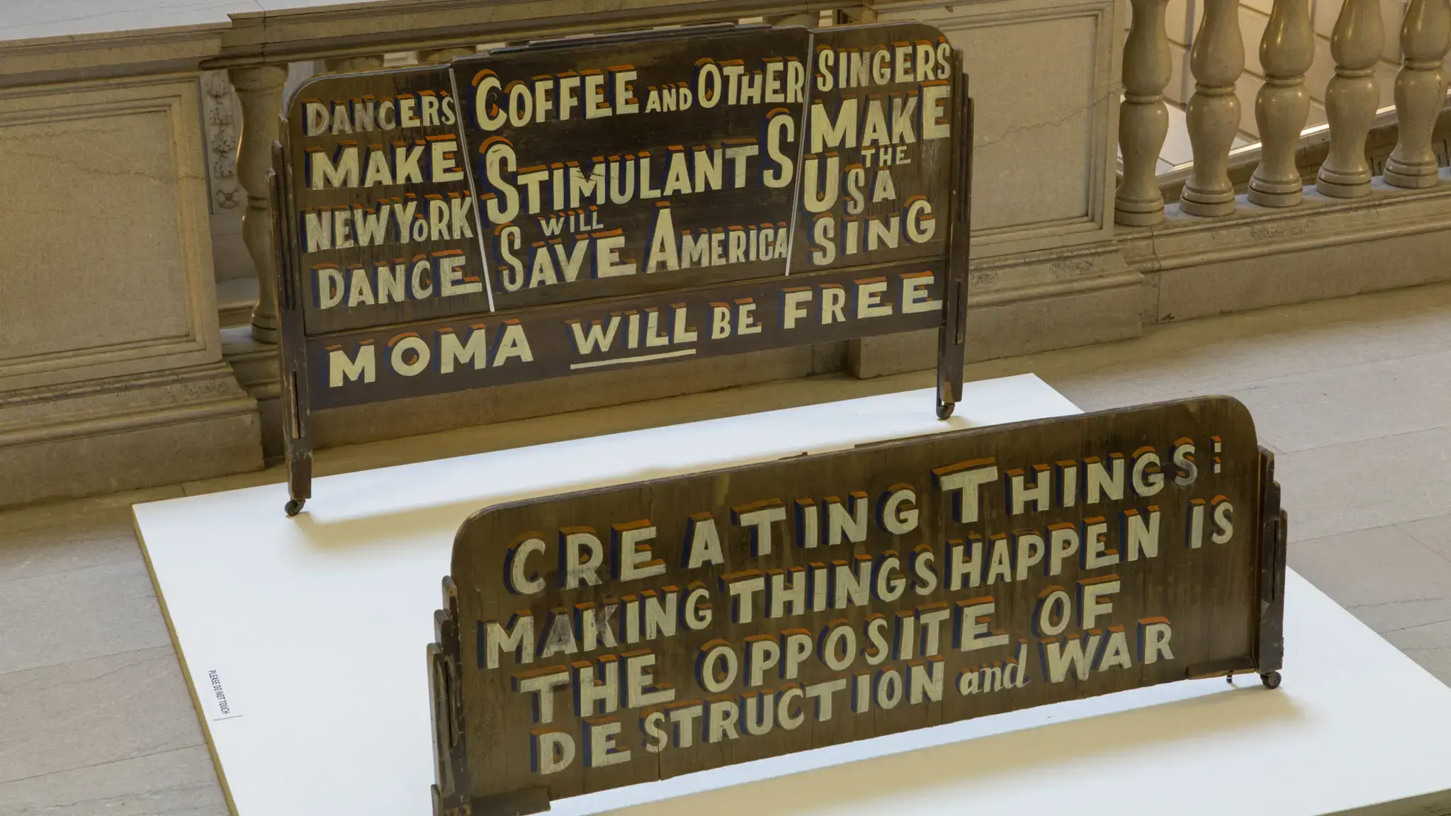 Bob and Roberta Smith, MoMA WILL BE FREE (2011) and CREATING THINGS (2011), installed as part of Framing Fraktur at the Free Library of Philadelphia. Courtesy of the Free Library of Philadelphia.