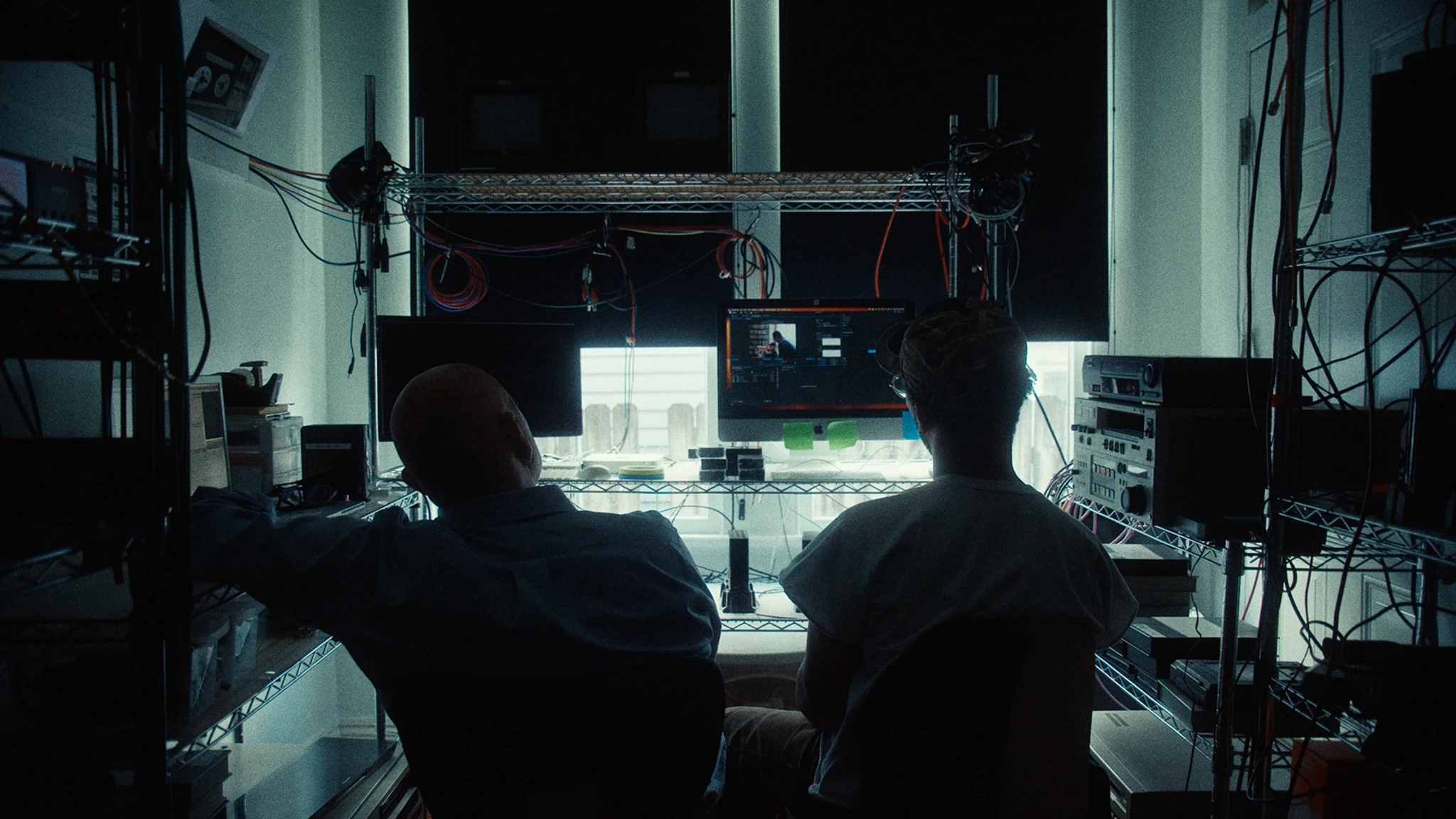 Two men, Zac Manuel and his father Phillip, sit in a dimly-lit video editing station, silhouetted by the greyish-blue light of their computer screen