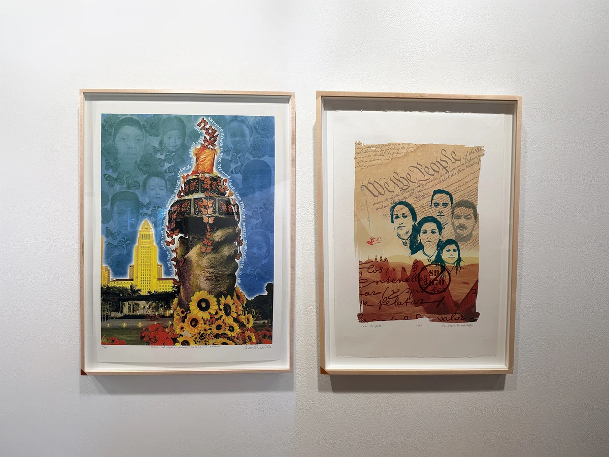 Consuelo Flores, Monarchs and Migration: Children at the Border of Freedom (left), 2026, screenprint, Self Help Graphics &amp; Art, Los Angeles. Sandra Fernández, We...the Gente, 2014, screenprint, Coronado printstudio, Austin. Both prints are featured in America Today, The Print Center, Philadelphia, 2026. Photo by The Pew Center for Arts &amp; Heritage.
