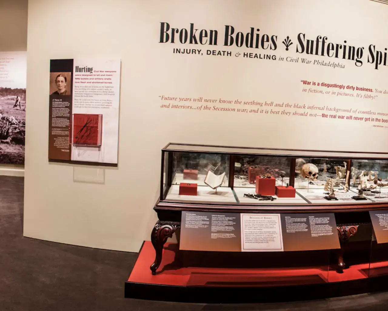Broken Bodies, Suffering Spirits: Injury, Death, and Healing in Civil War Philadelphia, an exhibition documenting the human experience of war through four topics: hurting, healing, dying, and fighting, illustrated with original artifacts, texts, and human specimens from the American Civil War. Mütter Museum, Mütter Gallery, 2013. Photo by Evi Numen.