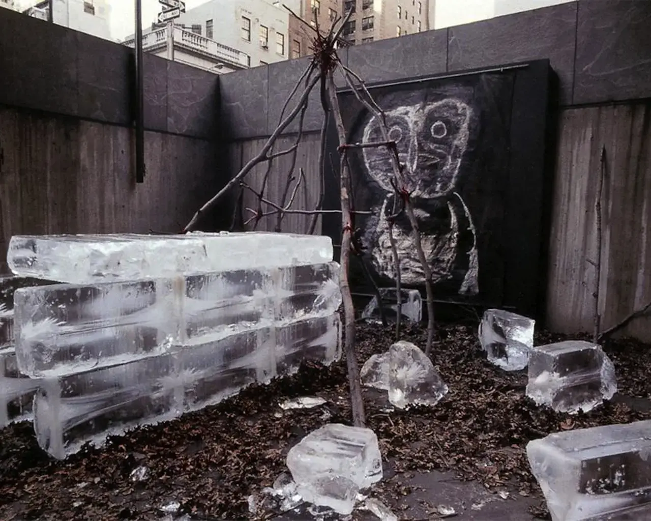 Rafael Ferrer, Fuegian House with Harpy Eagle, leaves, ice, tarp, branches, paint, Whitney Museum of American Art south moat, New York. Installation during Ferrer&rsquo;&#39; one-person exhibit, December 9, 1971 to January 9, 1972. Brochure by Marcia Tucker.