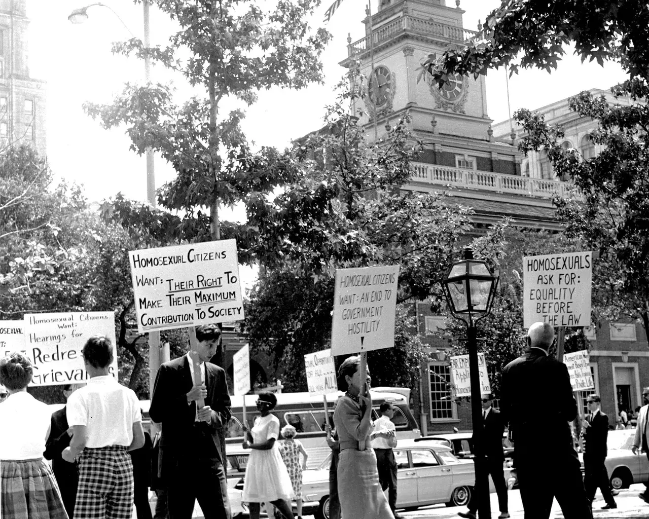 A group of activists held the first organized civil rights demonstrations in front of Independence Hall and Liberty Bell in Philadelphia on July 4, 1965. Photo &copy; Mattachine Society.