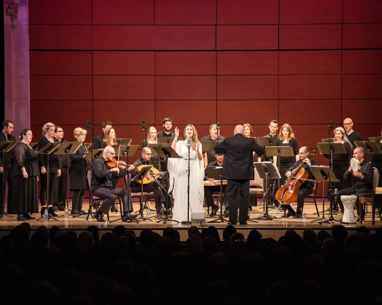 Al-Bustan Takht Ensemble in concert with The Crossing choir and soloist Dalal Abu Amneh, 2015. Photo by Chip Colson.