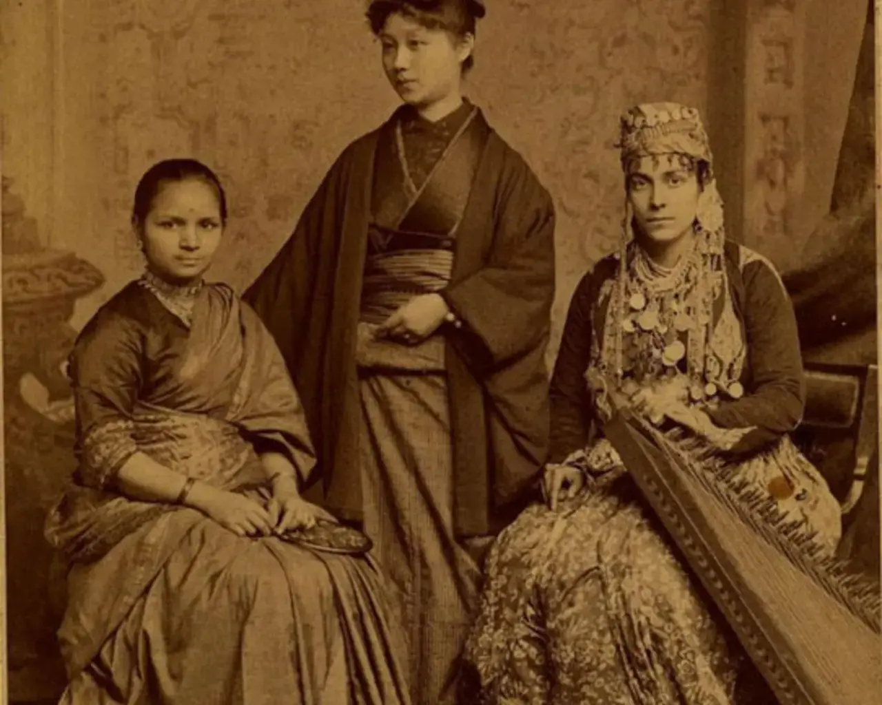 A memento of the dean&#39;s reception, held October 10, 1885. From left to right: Anandibai Joshee (India) graduated from the Woman&#39;s Medical College of Pennsylvania (WMC) in 1886; Kei Okami (Japan) graduated from WMC in 1889; Sabat Islambooly (Syria) graduated from WMC in 1890. Image courtesy of the Drexel University College of Medicine Legacy Center&rsquo;s Archives and Special Collections.