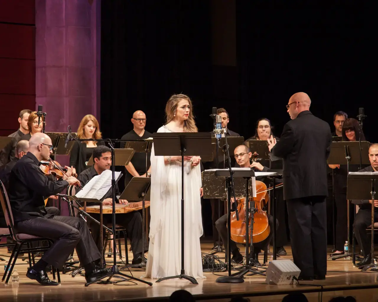 Al-Bustan Takht Ensemble in concert with The Crossing choir and soloist Dalal Abu Amneh, 2015. Photo by Chip Colson.