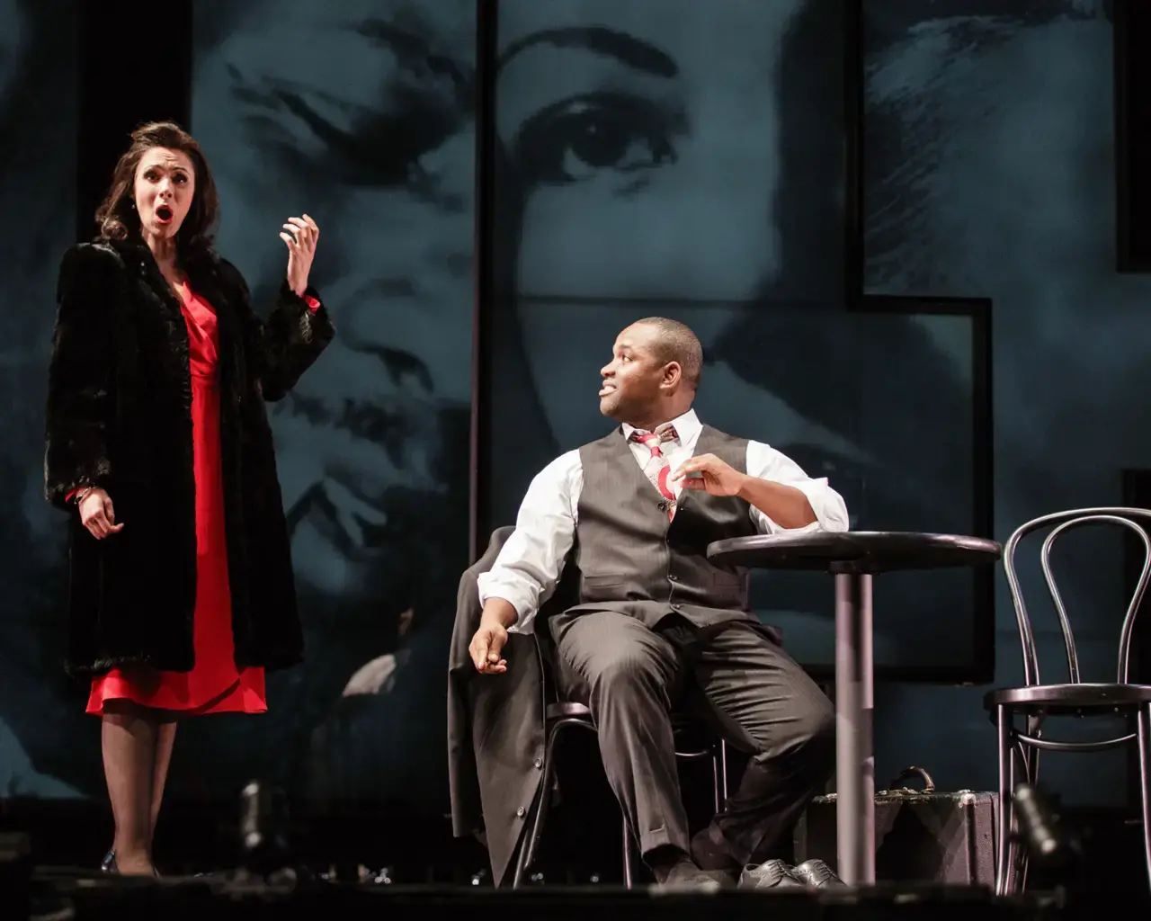 Opera Philadelphia presents Charlie Parker&rsquo;s Yardbird. Mezzo-soprano Tamara Mumford as Baroness Pannonica &ldquo;Nica&rdquo; de Koenigswarter and tenor Lawrence Brownlee. Photo by Dominic M. Mercier.&nbsp;