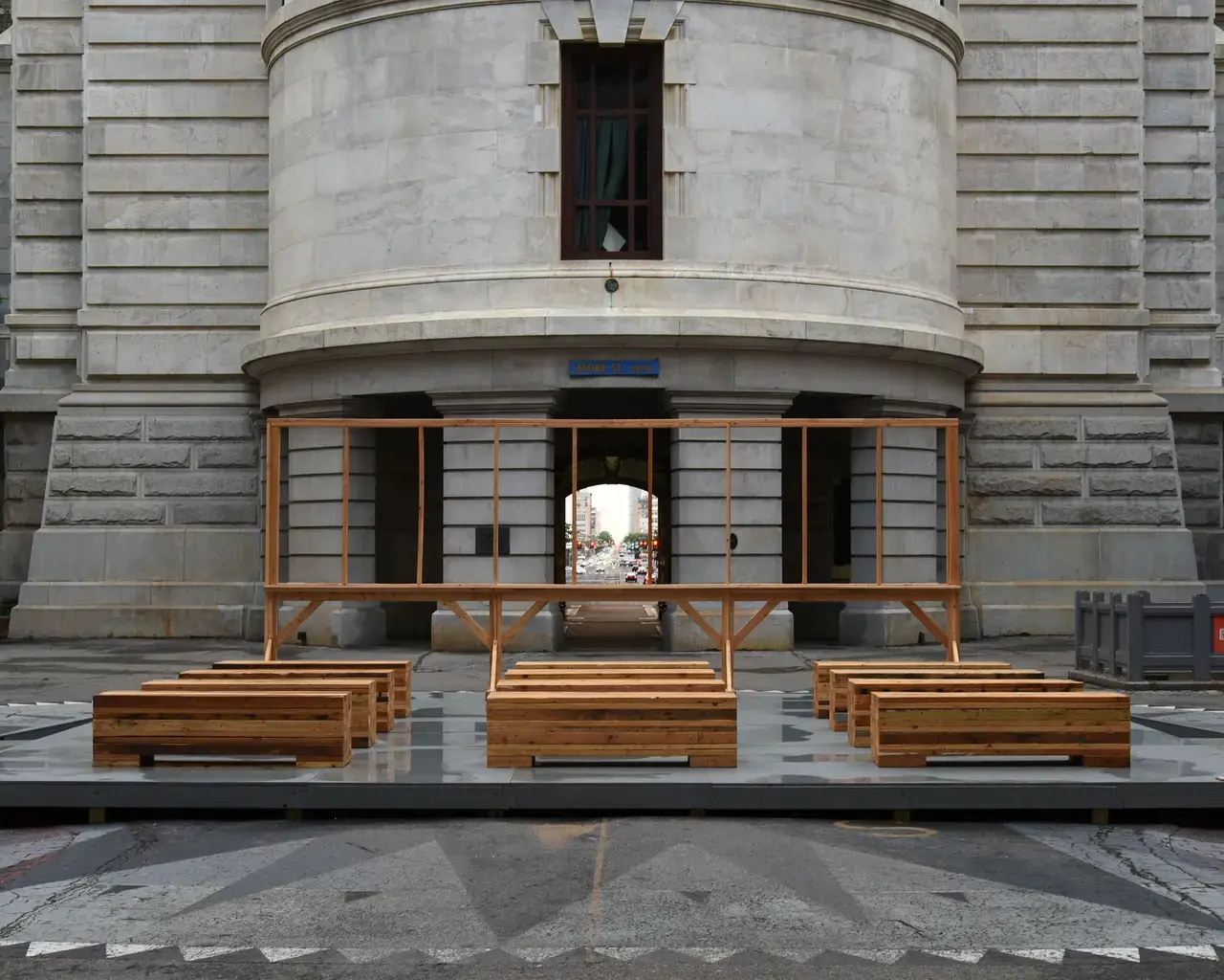 The late Terry Adkins&#39; temporary monument at City Hall Courtyard, the central meeting place for Penn Institute for Urban Research&#39;s Monument Lab. Photo by Lisa Boughter.
