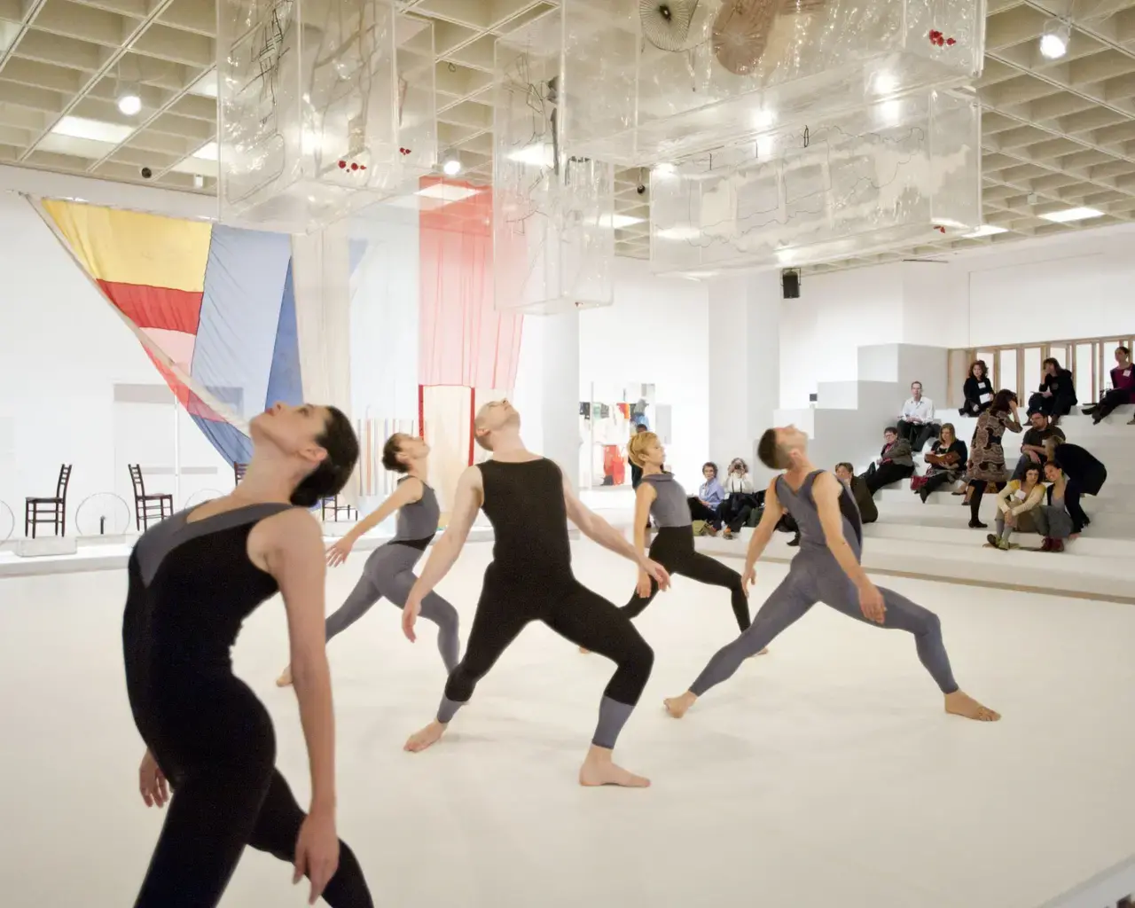 Former members of the Merce Cunningham Dance Company perform in a Cunningham Event in the Philadelphia Museum of Art galleries during the exhibition Dancing around the Bride. Left to right: Emma Desjardins, Melissa Toogood, John Hinrichs, Marcie Munnerlyn, and Brandon Collwes. Dancers appear courtesy of the Merce Cunningham Trust. Photo by Constance Mensh, courtesy of the Philadelphia Museum of Art.