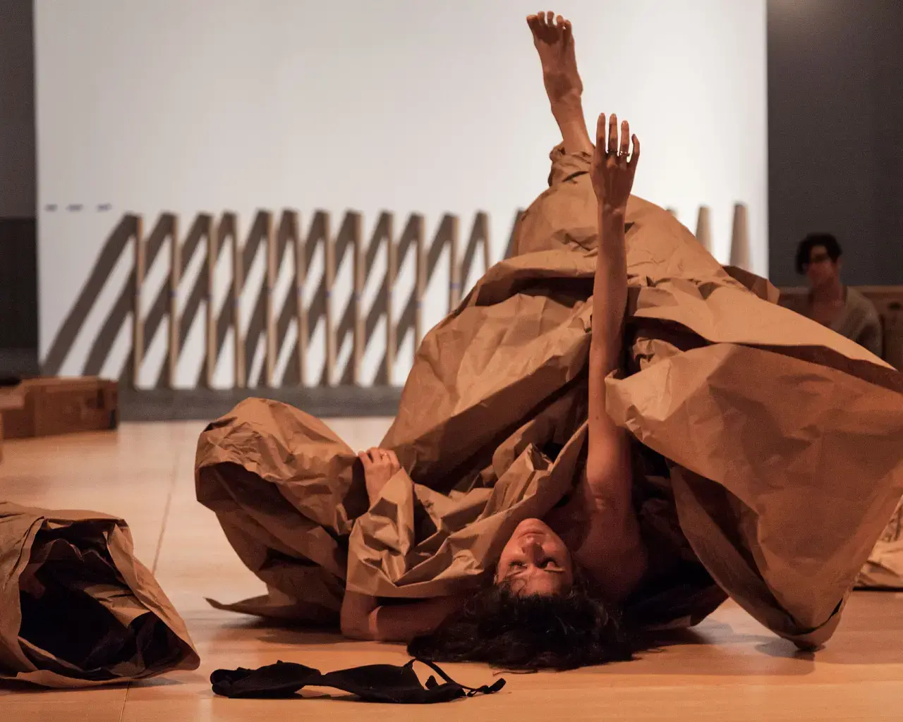 Janine Antoni in collaboration with Anna Halprin, Paper Dance, 2013. April 26, 2016 performance view from Ally, produced in collaboration with The Fabric Workshop and Museum. Photo by Carlos Avendaño. Courtesy of the artists and The Fabric Workshop and Museum.