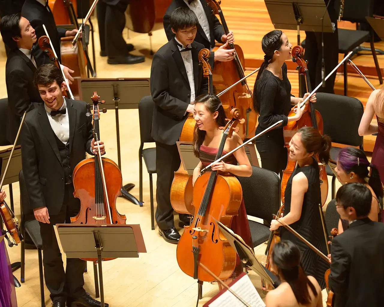 Curtis Symphony Orchestra on stage in Verizon Hall at the Kimmel Center for the Performing Arts, 2014. Photo by David DeBalko.