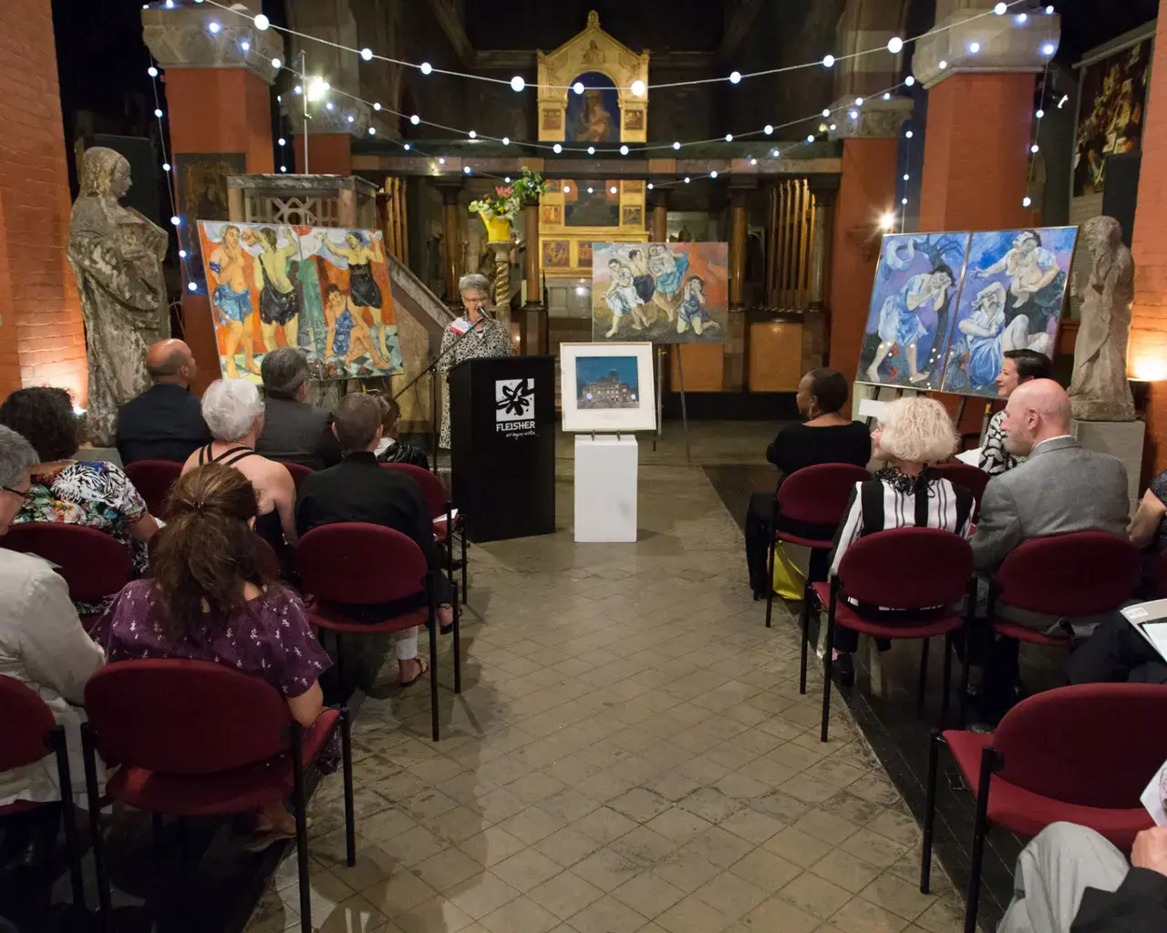 Fleisher Art Memorial Sanctuary, a historic community gathering space on Fleisher&rsquo;s campus; works by Louise Clement-Hoff on view. Photo by Mark Garvin.