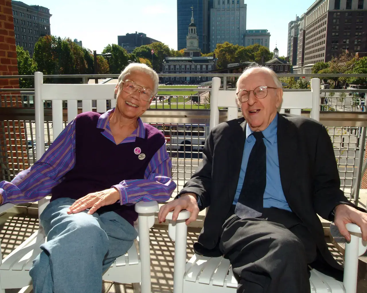 Barbara Gittings and Frank Kameny, the Father and Mother of the LGBT civil rights movement at Independence Hall in Philadelphia, 2005. Photo &copy; Equality Forum.
