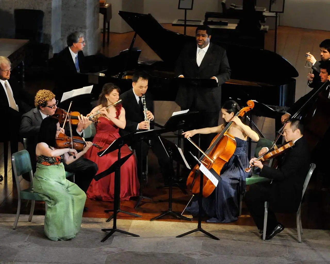 Bass-baritone soloist Eric Owens joins the Dolce Suono Ensemble for Mahler 100/Schoenberg 60&nbsp;at the Glencairn Museum in May 2011. Photo by Pete Checchia.