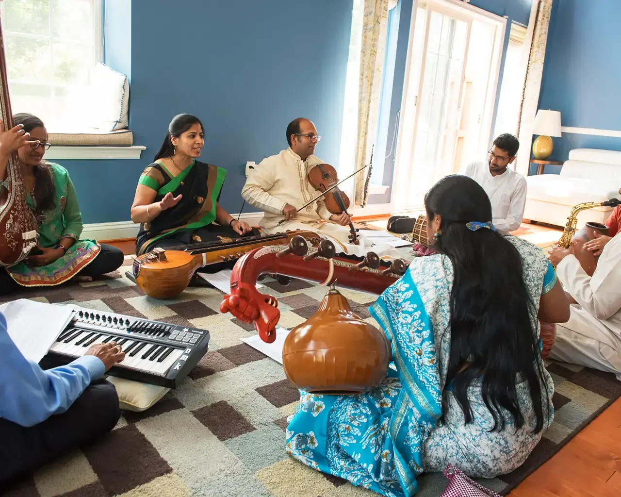 Artists N Muralikrishnan (Keyboard), Shruthi Rajasekar (Tambura), Kiranavali Vidyasankar (Voice &amp; Chitravina), V V S Murari (Violin), and Nirmala Rajasekar (Vina) during rehearsals for Tradition &ndash; An Evolving Continuum. Photo by Nan Melville.&nbsp;