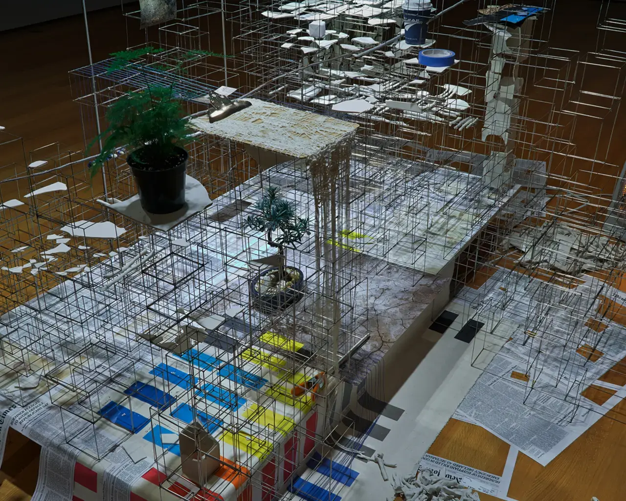 View of Sarah Sze&#39;s first floor installation at the Fabric Workshop and Museum, 2013, mixed media, dimensions variable. Photo by Tom Powel Imaging.