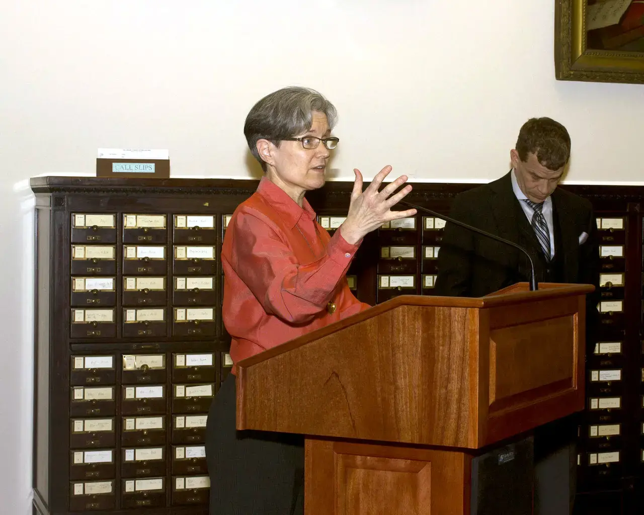 Teresa Jaynes at the opening of Common Touch&nbsp;at the Library Company of Philadelphia. Photo by Concetta Barbera.