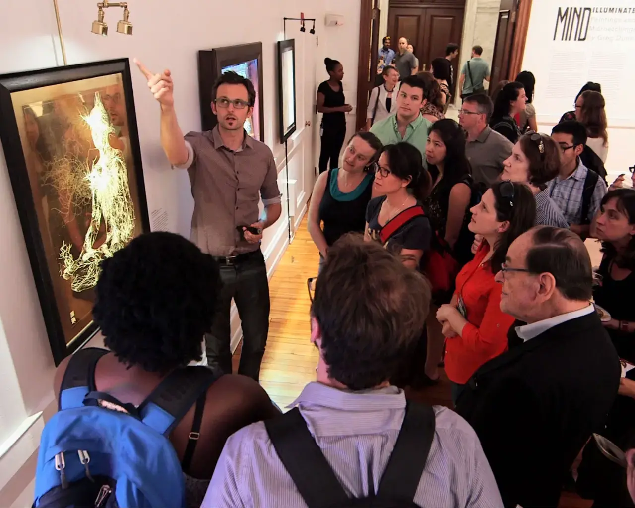 Neuroscientists Dr. Greg Dunn and Dr. Brian Edwards use the original technique of microteching to map the human neurological system with landscapes and abstract scenes. Mütter Museum, Thomson Gallery, 2015. Photo by Evi Numen.