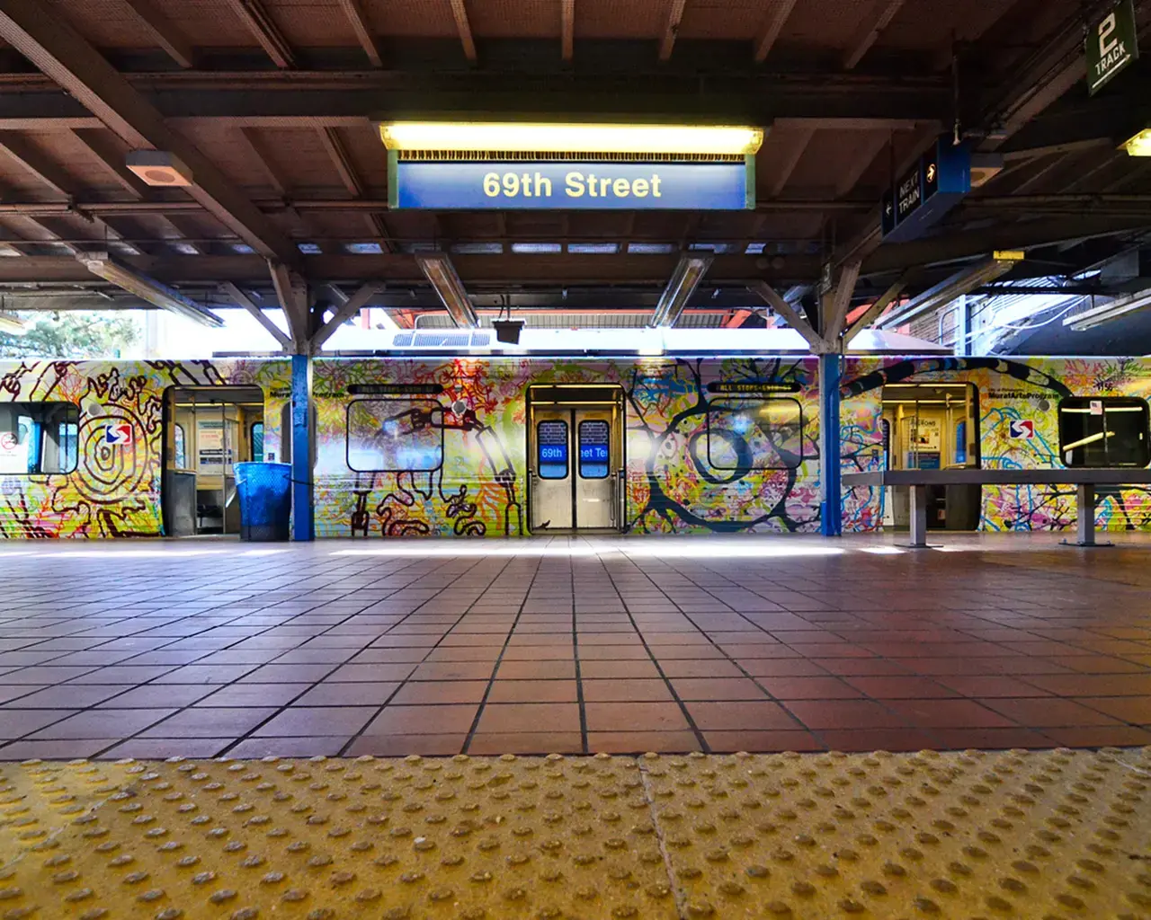 Benjamin Volta, We Are All Neurons, 2013. Print on a SEPTA subway car. Created with youth at Volta&#39;s studio in partnership with the The City of Philadelphia Mural Arts Program. Photo by Damon Landry.