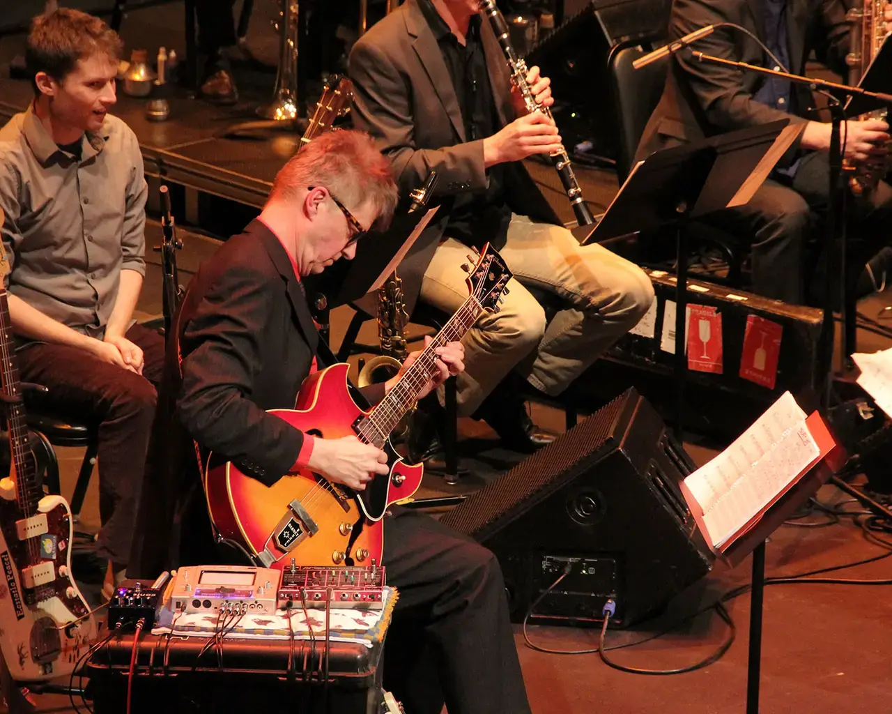 Nels Cline in performance at Royce Hall, Los Angeles. Photo by Phinn Sriployrung.