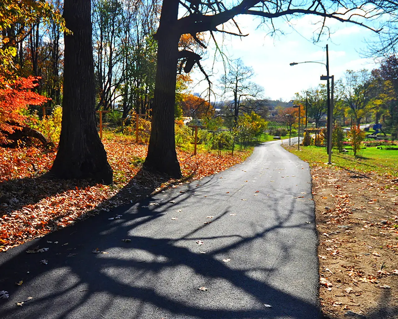 A segment of the Bartram’s Mile Trail, a 1.55-mile paved recreational trail running throughout Bartram’s Garden.&nbsp;Photo courtesy Bartram’s Garden.