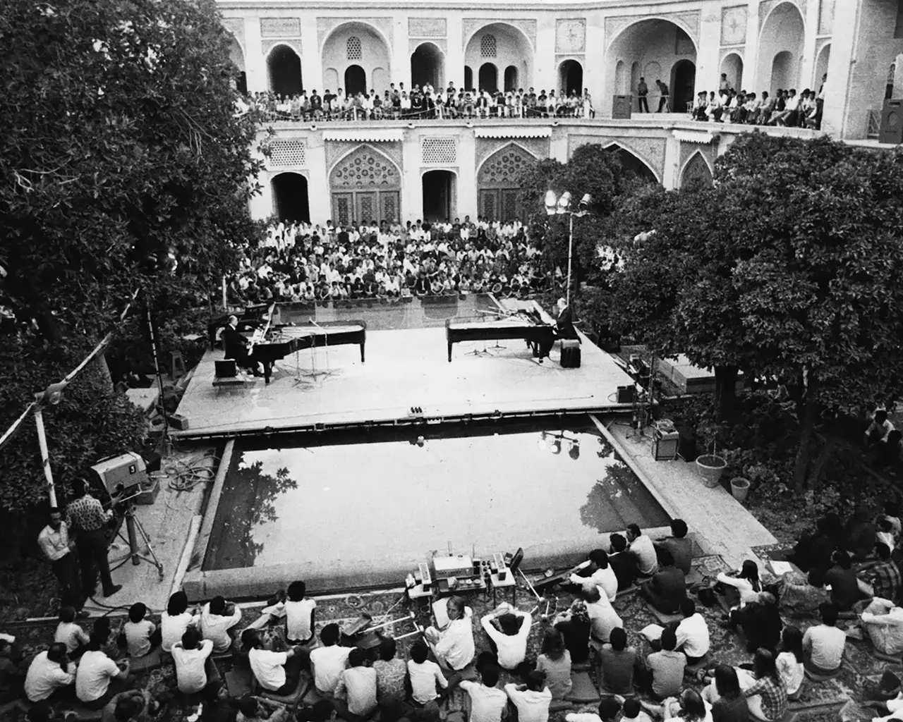 Mantra for two Pianos, 1972, Shiraz Arts Festival. Pictured: pianists Alfons Kontarsky and Aloys Kontarsky. Photo courtesy of Stockhausen-Stiftung für Musik / Archaeology of the Final Decade Archives.