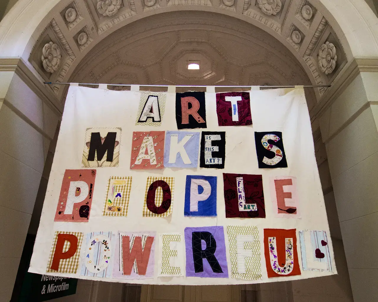Bob and Roberta Smith, Art Makes People Powerful&nbsp;(2013). Fabric with applique and embroidery. Courtesy of the artist and Pierogi Gallery.
