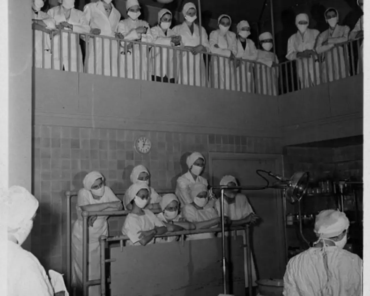 A critical time in a major operation holds the attention of the women medical students, February 24, 1947. The operating room is in the hospital of the Woman&#39;s Medical College of Pennsylvania. Image courtesy of the Drexel University College of Medicine Legacy Center&#39;s Archives and Special Collections.