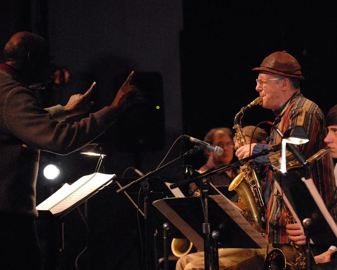 Pew Fellow Bobby Zankel plays a solo for Muhal Meets the Wonderful Sound, conducted by Muhal Richard Abrams, with Bryan Rogers, Elliot Levin, and Tom Lawton. Photo by Dr. Ken Weiss.