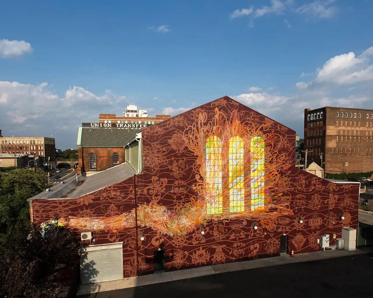 Benjamin Volta, Amplify, 2014. Mural for the Union Transfer music venue in the Spring Garden neighborhood of Philadelphia. Created with young adults at my studio in partnership with The Restorative Justice GUILD / The City of Philadelphia Mural Arts Program. Photo by Steve Weinik.