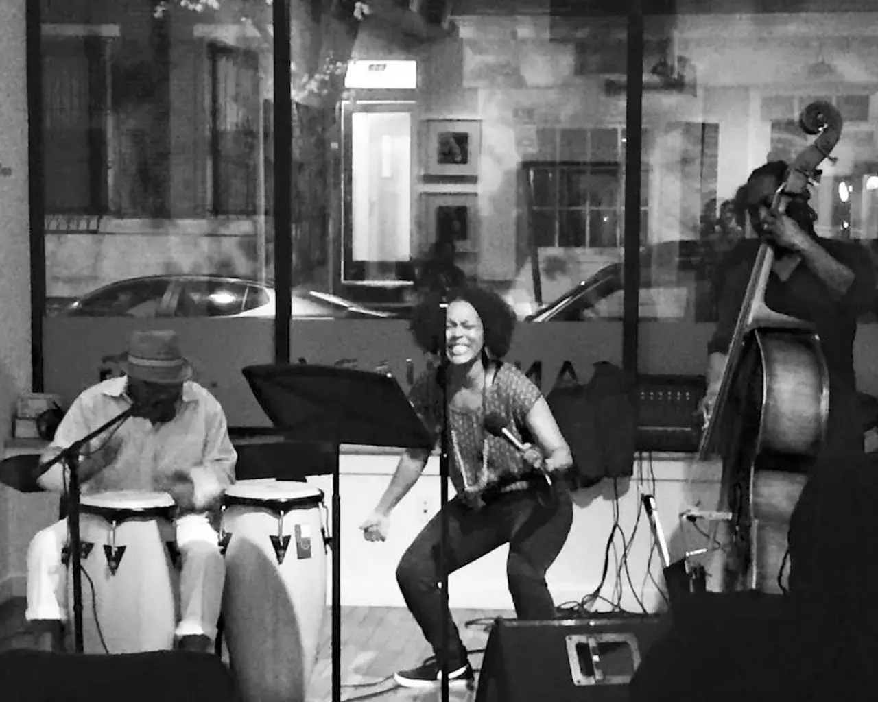 Yolanda Wisher in performance at Sanctuary Live with Karen L. Smith on percussion and Mark Palacio on bass, 2015. Photo by V. Shayne Frederick.
