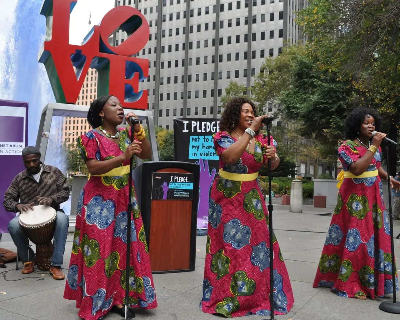 The Liberian Women&#39;s Chorus for Change at the Women Against Abuse Press Conference, Love Park, Philadelphia, October 2014. Photo by Leslie Macedo.