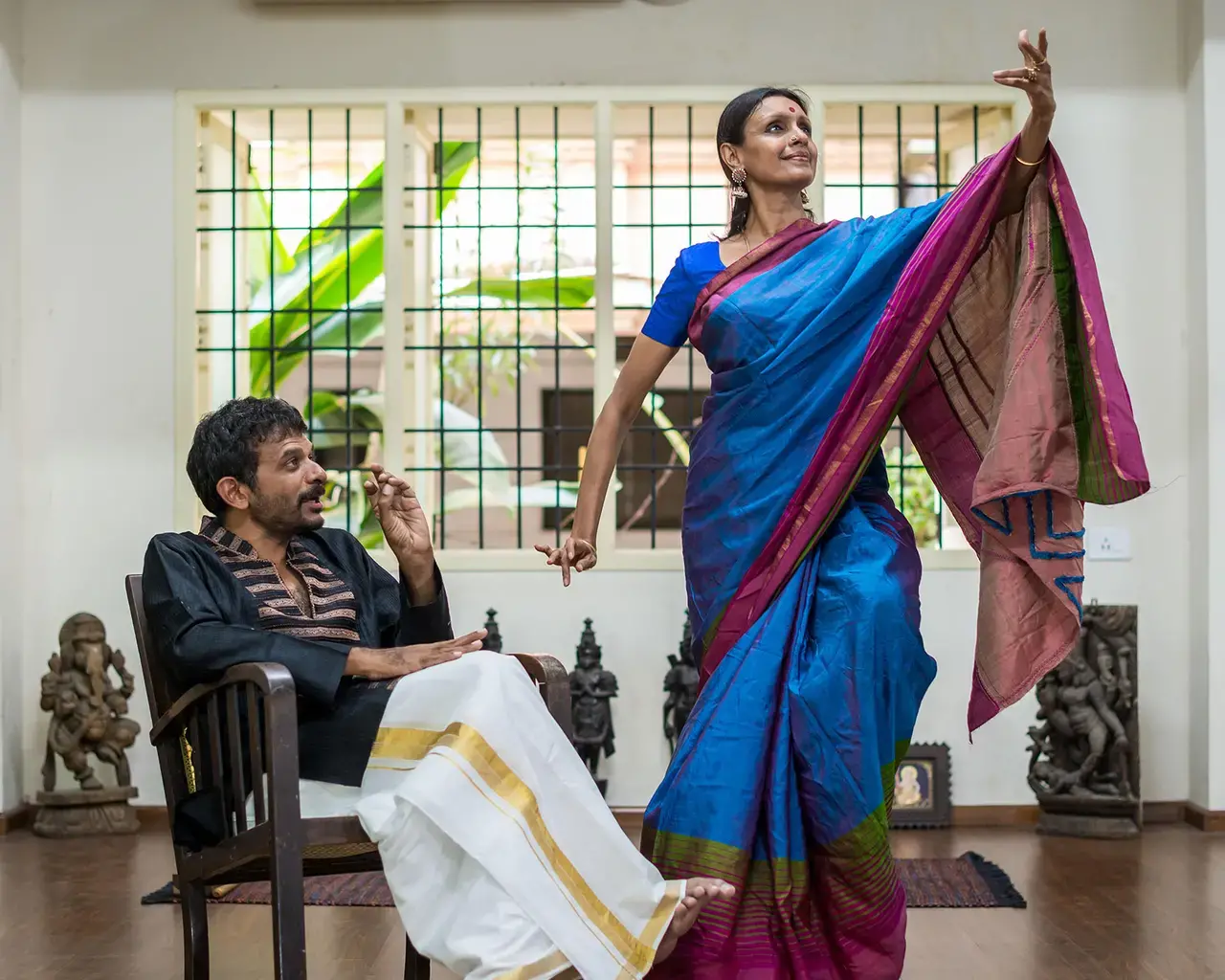 Priyadarsini Govind and T. M. Krishna during a rehearsal. Photo by Alaap. Courtesy of Sruti.