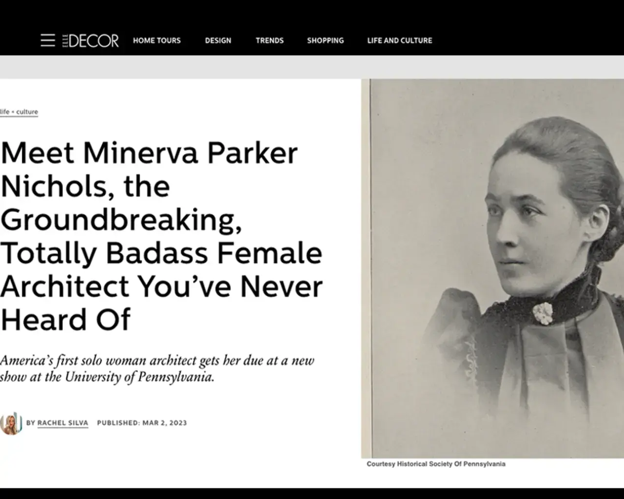 Screenshot from&nbsp;Elle Decor's feature on&nbsp;Minerva Parker Nichols: The Search for a Forgotten Architect.