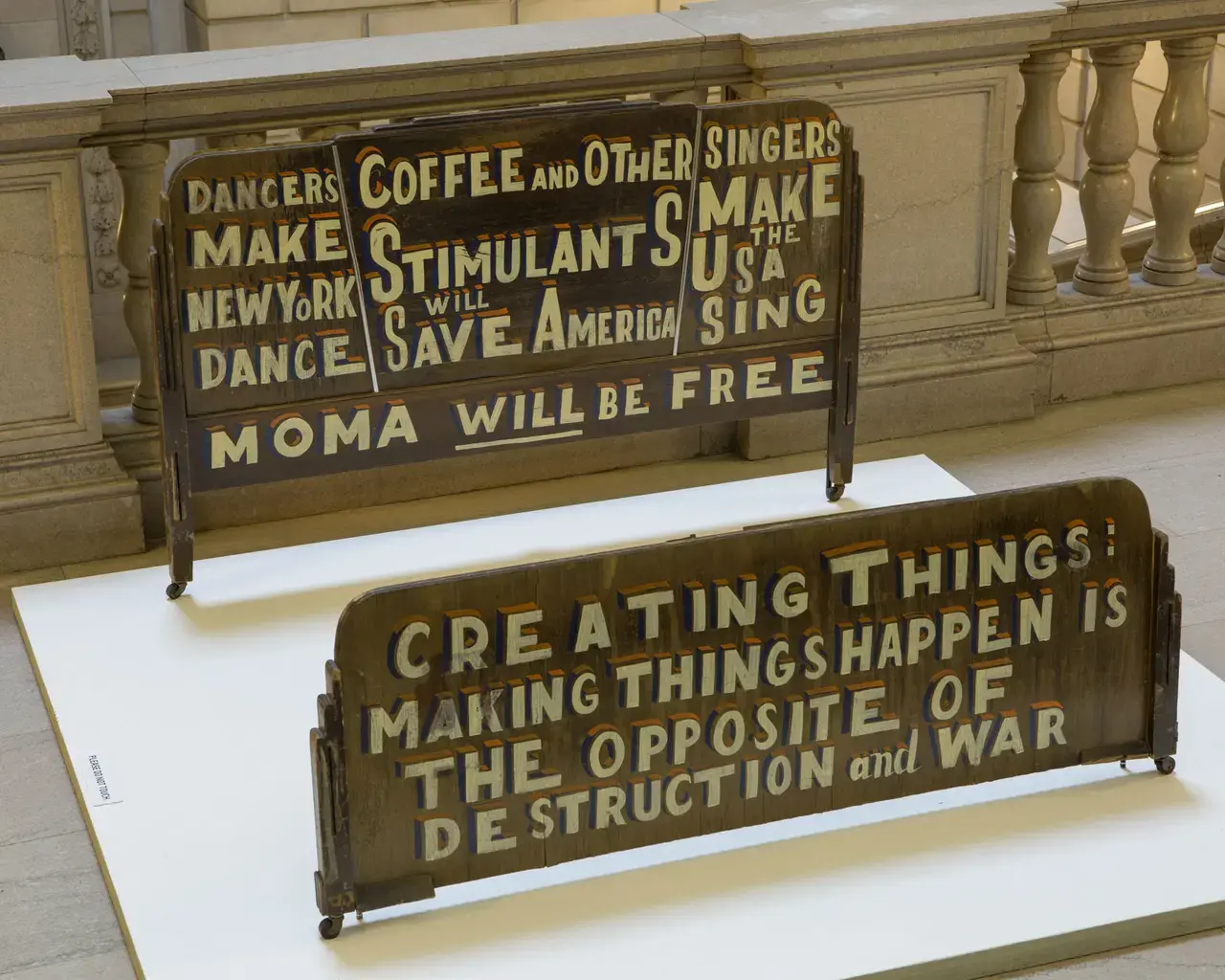 Bob and Roberta Smith, MoMA WILL BE FREE (2011) and CREATING THINGS (2011), installed as part of Framing Fraktur at the Free Library of Philadelphia. Courtesy of the Free Library of Philadelphia.