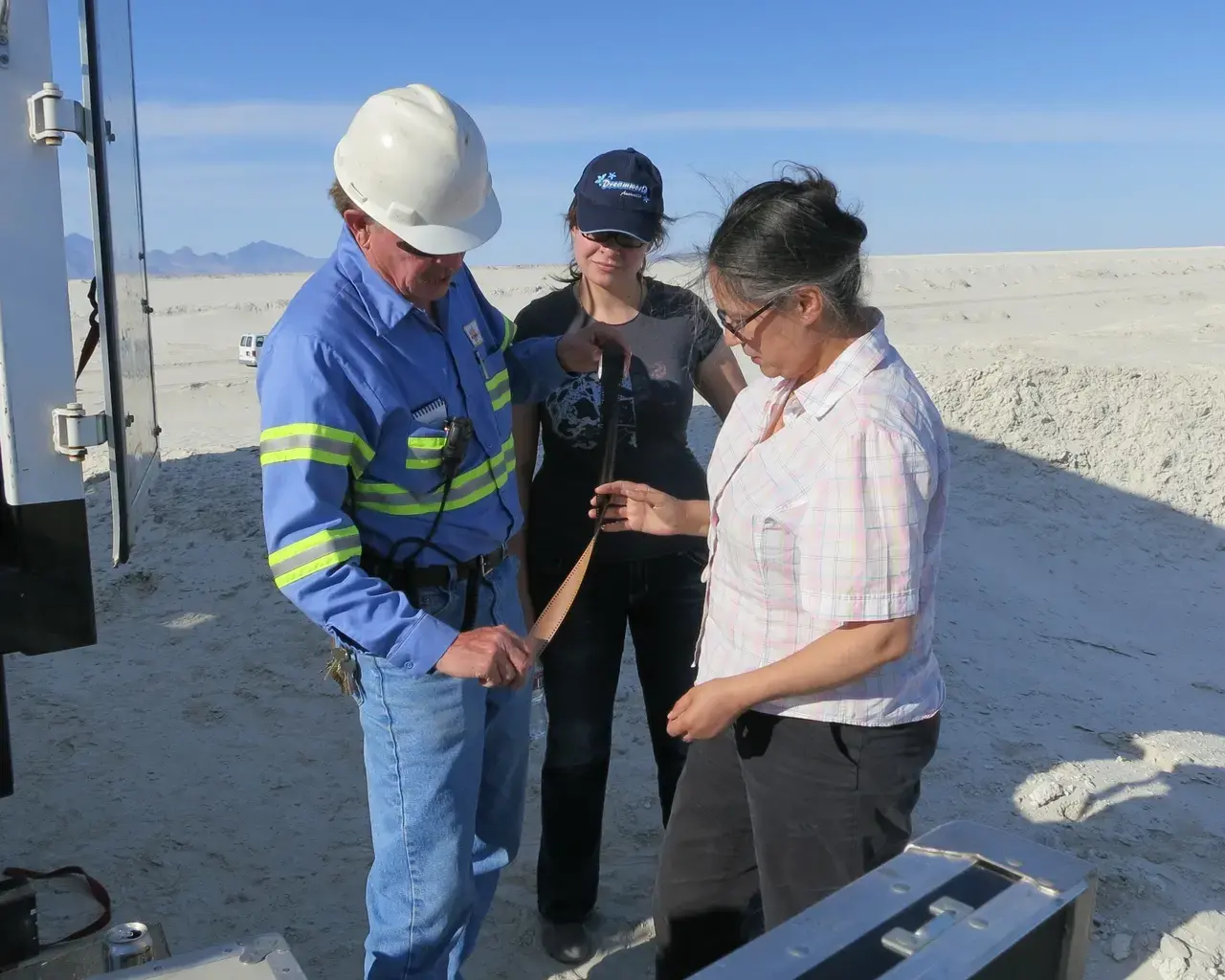 Tacita Dean on location for JG at Intrepid Potash, Wendover, Utah, with Ponds Supervisor, Russ Draper, and his daughter, Jessica (May 2012). Photograph: Richard Torchia.