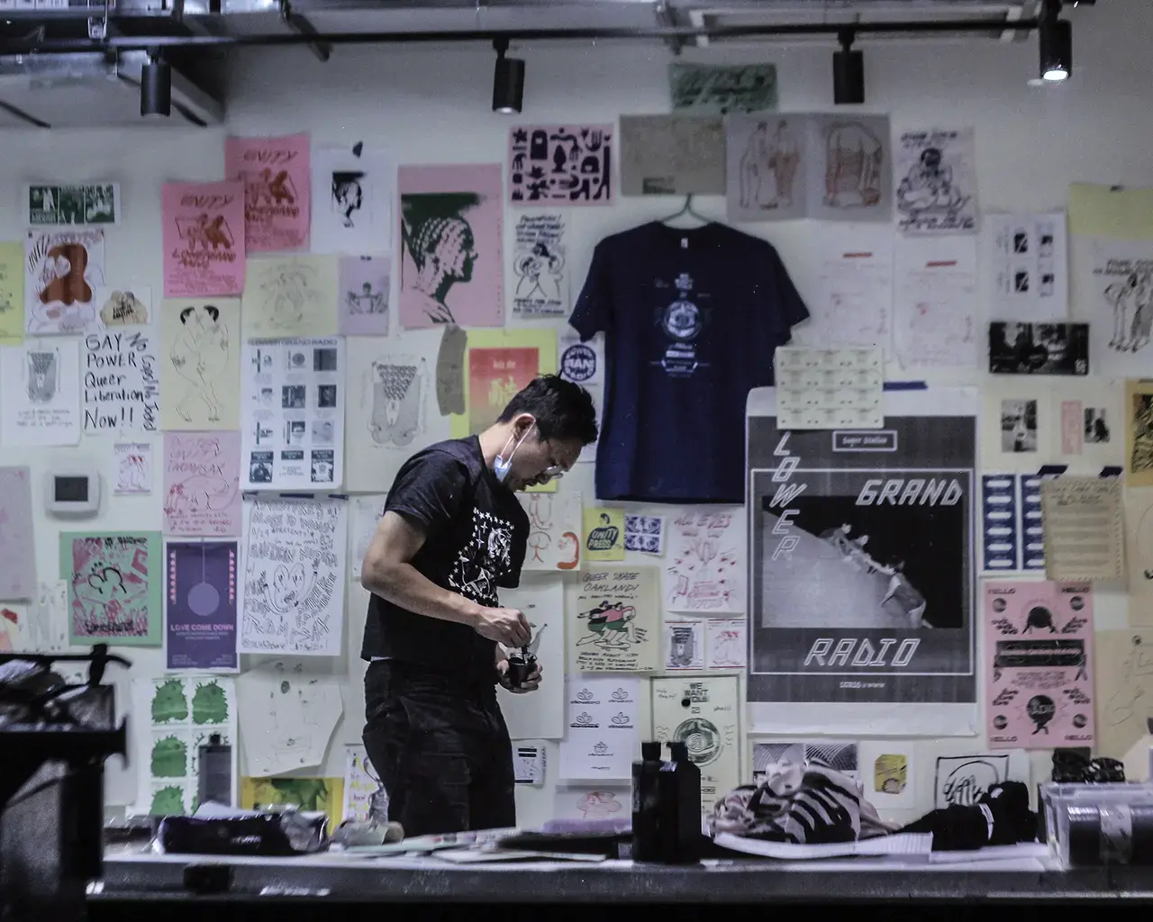 Artist Jeffrey Cheung installs the Unity at the Initiative exhibition, 2021, Asian Arts Initiative. Photo by Zsa Zsa Dali.