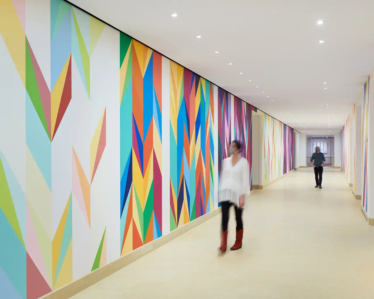 Odili Donald Odita, Walls of Change, 2021; acrylic latex paint on wall, 128’. Commissioned by the Philadelphia Museum of Art with funds contributed by John Alchin and Hal Marryatt. Courtesy of the artist and Jack Shainman Gallery. Image courtesy of the artist and the Philadelphia Museum of Art.&nbsp;