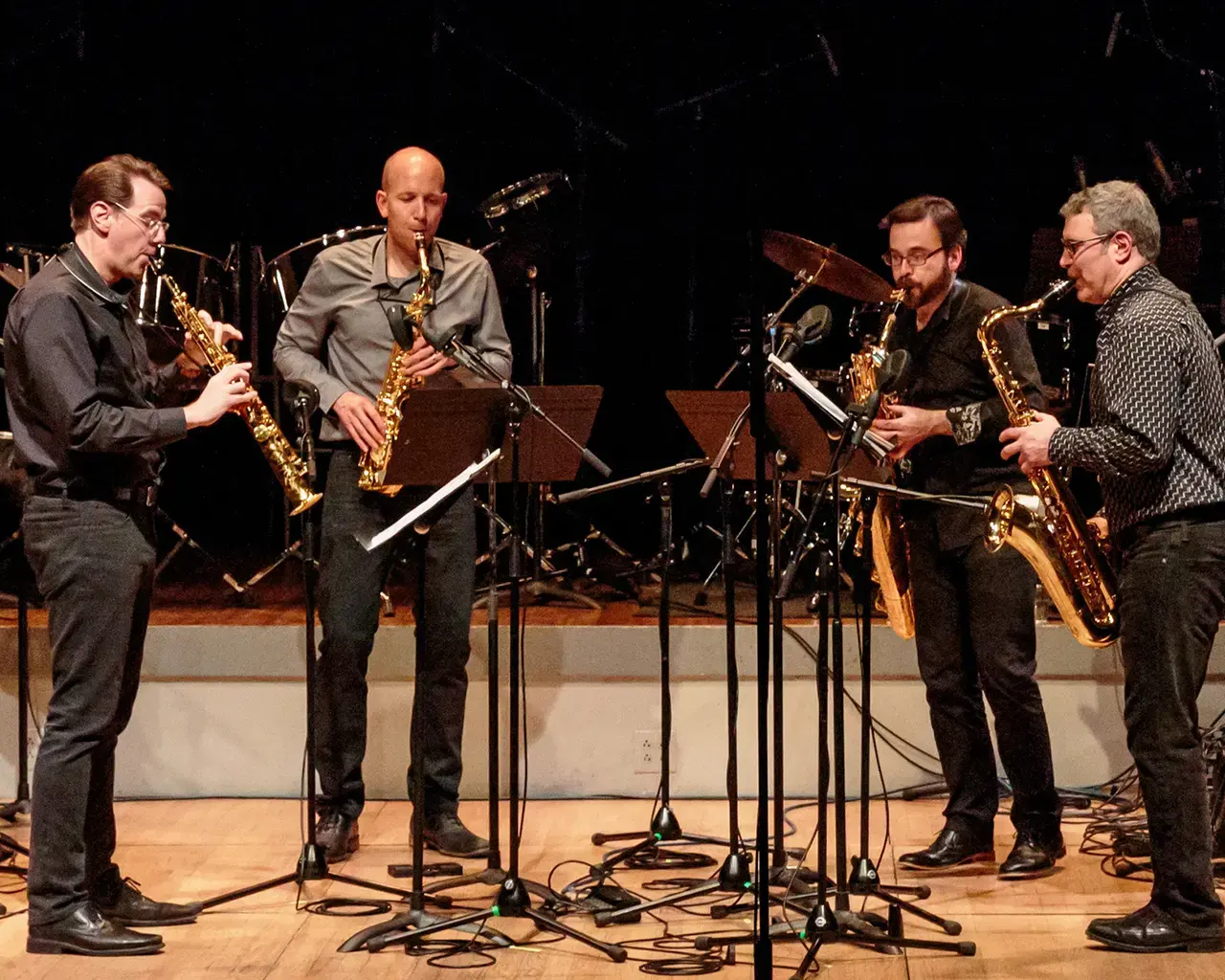 PRISM Quartet. Pictured: Timothy McAllister, Zachary Shemon, Taimur Sullivan, and Pew Fellow Matthew Levy. Photo by Scott Friedlander.