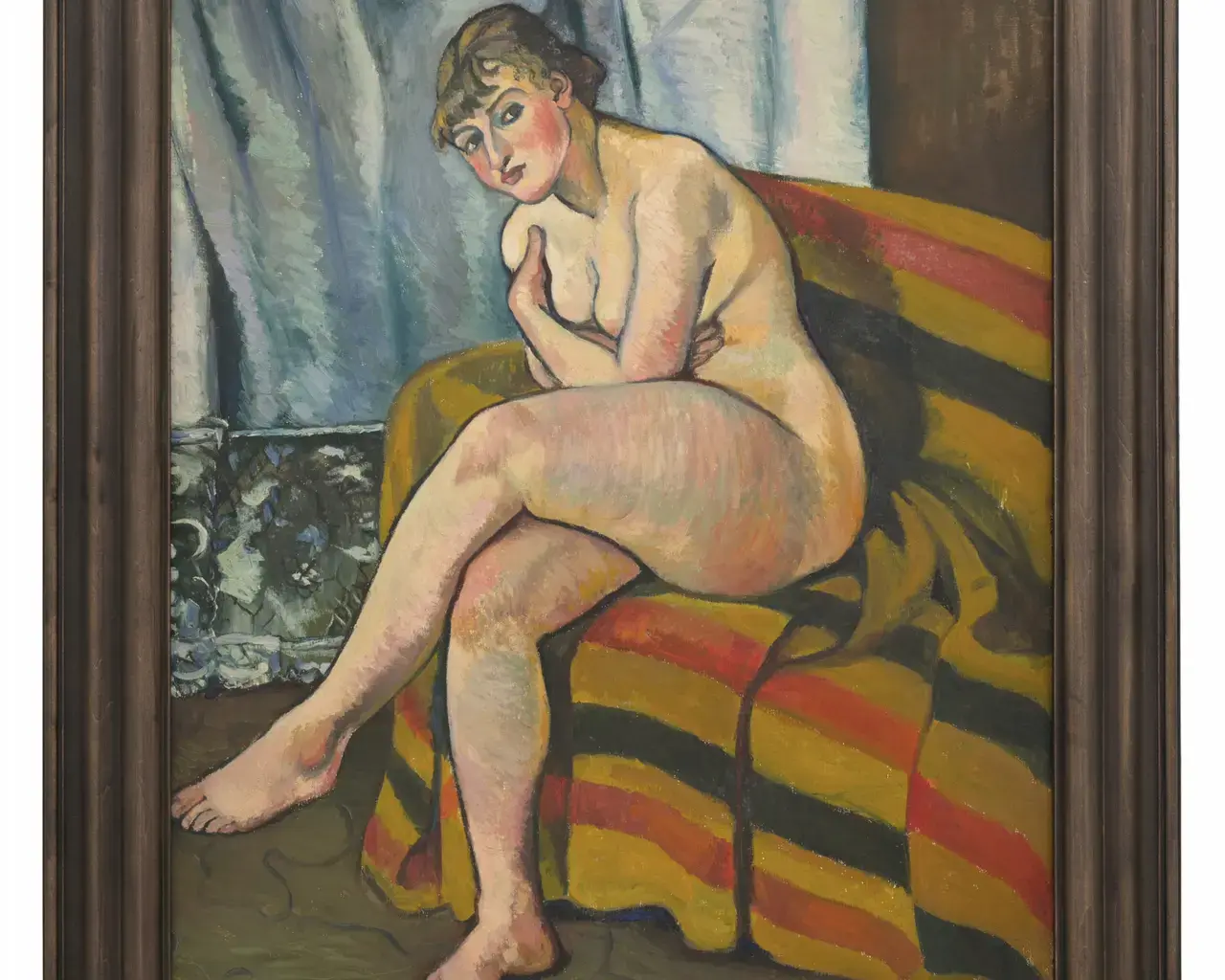 Suzanne Valadon, Nude Sitting on a Sofa, 1916, oil on canvas, 32” x 23”. Courtesy of the Weisman &amp; Michel Collection, © 2021 Artist Rights Society (ARS), New York.