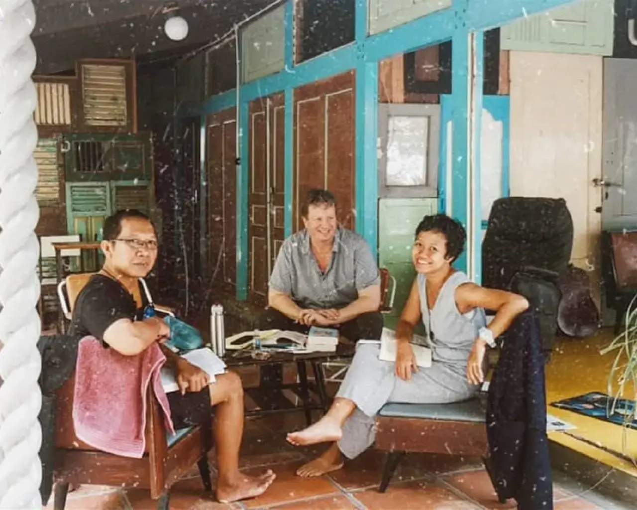 EgoPo Classic Theater, lead collaborators for Ramayana, during a script development retreat at Papermoon's workshop, 2020, Yogyakarta, Indonesia. Pictured from L to R: Ibid Surgana Yuga, Lane Savadove, and Maria Sulistyani. Photo courtesy of Papermoon Puppet Theater.