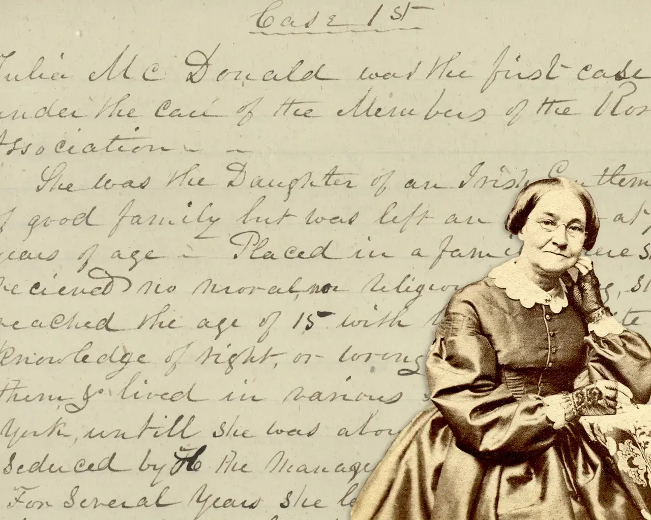 Susan Dreher, composite photograph of Mira Sharpless Townsend over her papers. Courtesy of the Friends Historical Library of Swarthmore College.