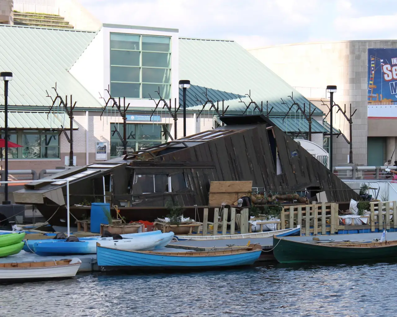 Mary Mattingly, Wetland, 2014, a six-week long interactive installation on the Delaware River at Penn&rsquo;s Landing, presented by Independence Seaport Museum and FringeArts. Photo courtesy of Independence Seaport Museum.