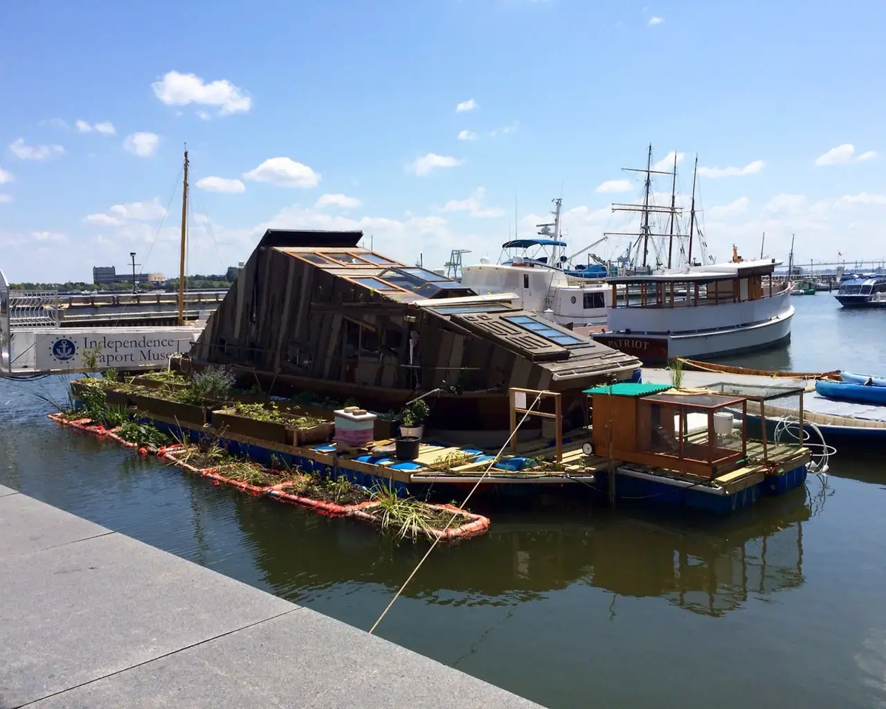 Mary Mattingly, Wetland, 2014, a six-week long interactive installation on the Delaware River at Penn&rsquo;s Landing, presented by Independence Seaport Museum and FringeArts. Photo courtesy of Independence Seaport Museum.